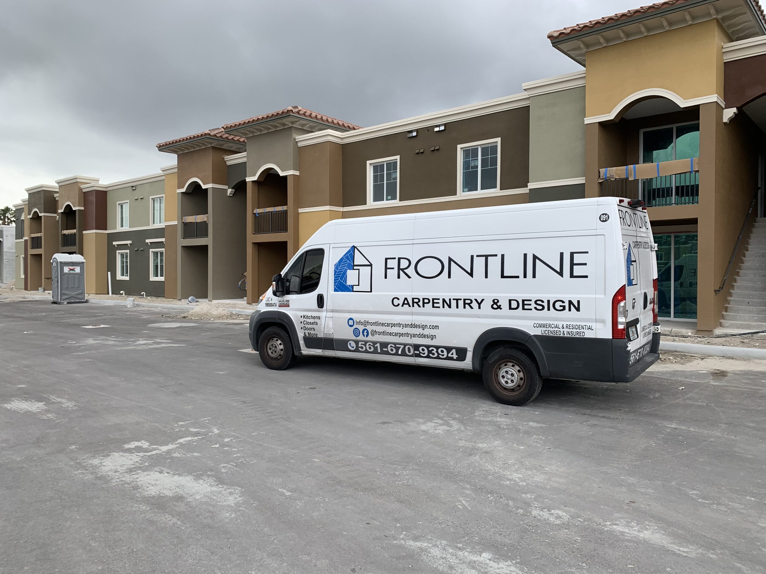Frontline Carpentry & Design work van — trusted South Florida contractors providing expert remodeling and carpentry services.